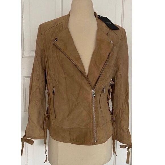 Boho Western Brand NWT Lamarque Suede Leather Tan Lace Up Side Biker Moto Jacket - Picture 1 of 9
